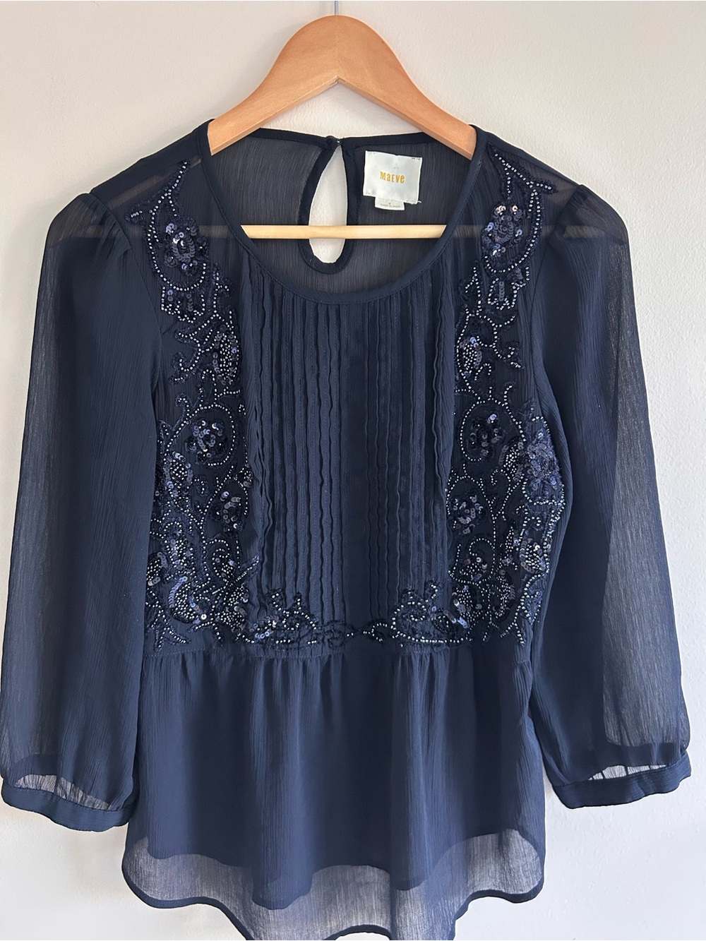 Maeve Navy Beaded Pintuck Peplum Blouse
